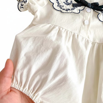 Close-up of the elasticated leg opening on the bubble romper showing the soft gathered cotton fabric.