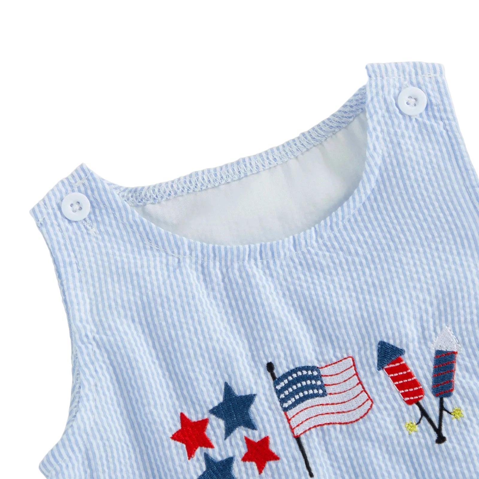 Close-up showing the neckline and convenient shoulder button closures on the baby boy's blue striped romper.