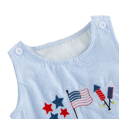 Close-up showing the neckline and convenient shoulder button closures on the baby boy's blue striped romper.