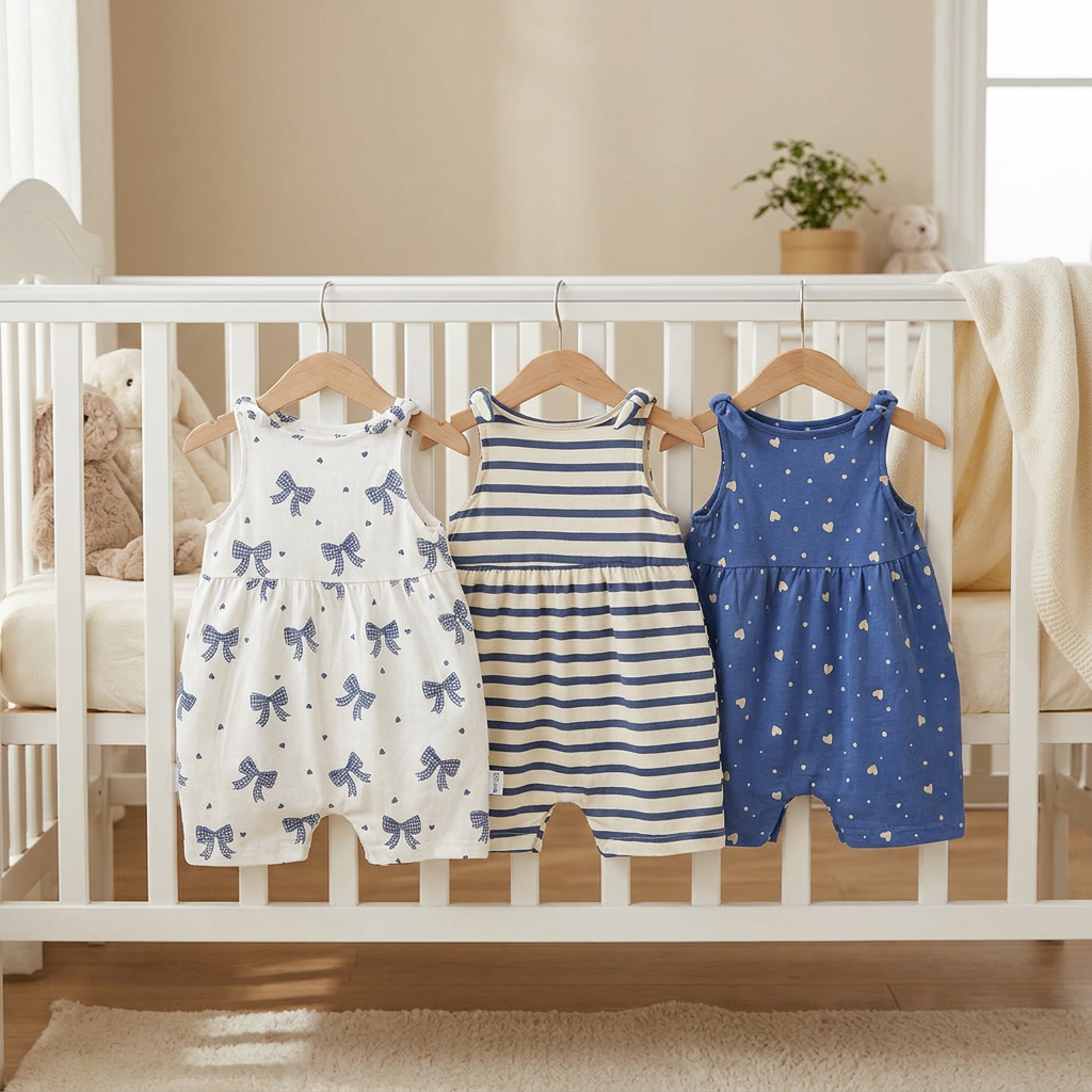 Back view of three baby girl cotton bubble rompers hanging on a white nursery crib showing the gathered silhouette.