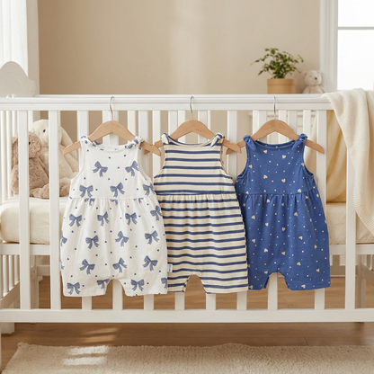 Back view of three baby girl cotton bubble rompers hanging on a white nursery crib showing the gathered silhouette.