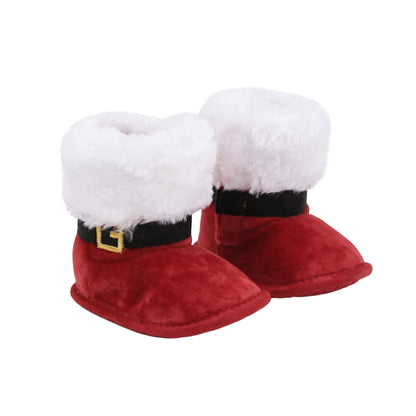 Baby red plush Santa Claus boots with white faux fur trim and gold belt buckle