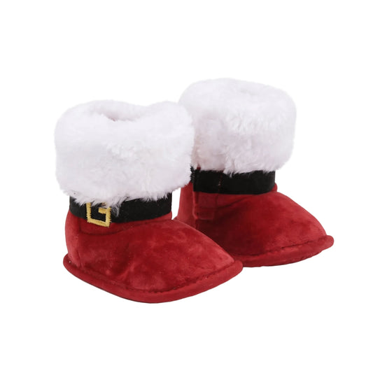 Baby red plush Santa Claus boots with white faux fur trim and gold belt buckle