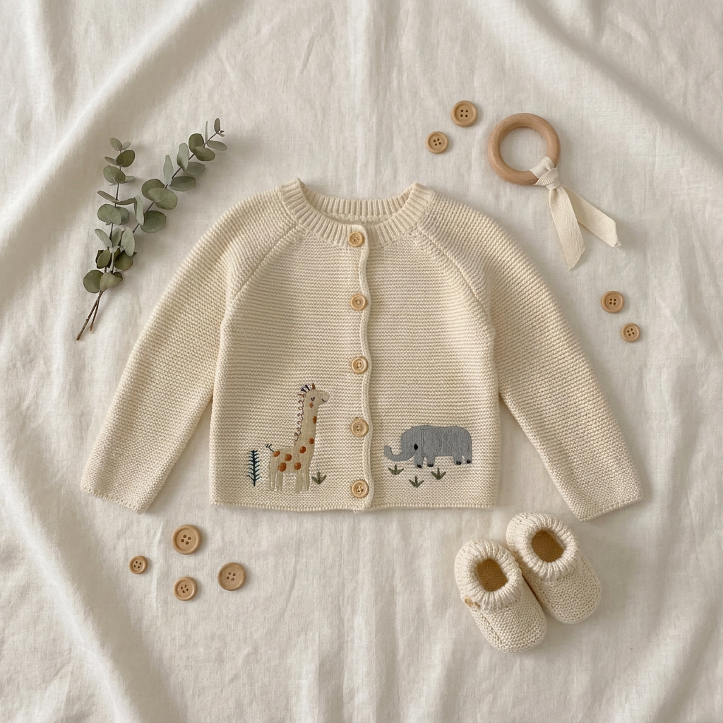 Aesthetic baby shower gift flat lay featuring the cream animal knit cardigan paired with matching knit booties, wooden toys, and a eucalyptus branch.