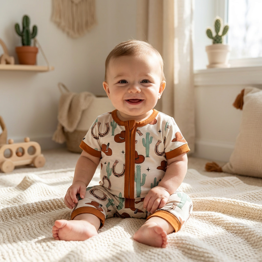 A happy baby sitting on a soft blanket in a bright playroom, wearing a cream and brown western cactus short-sleeve romper.
