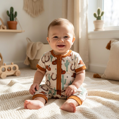 A happy baby sitting on a soft blanket in a bright playroom, wearing a cream and brown western cactus short-sleeve romper.