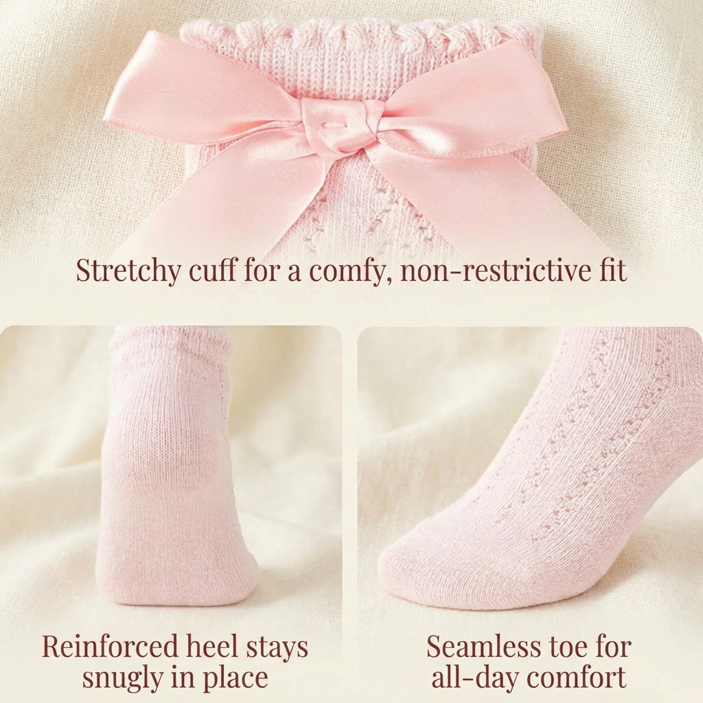 Collage highlighting the comfortable fit of a pink baby sock, featuring a stretchy ruffle cuff, reinforced heel, and smooth seamless toe.