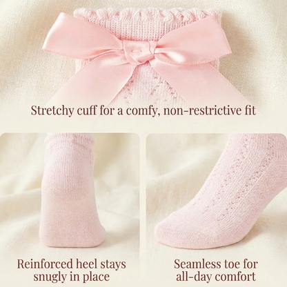Collage highlighting the comfortable fit of a pink baby sock, featuring a stretchy ruffle cuff, reinforced heel, and smooth seamless toe.