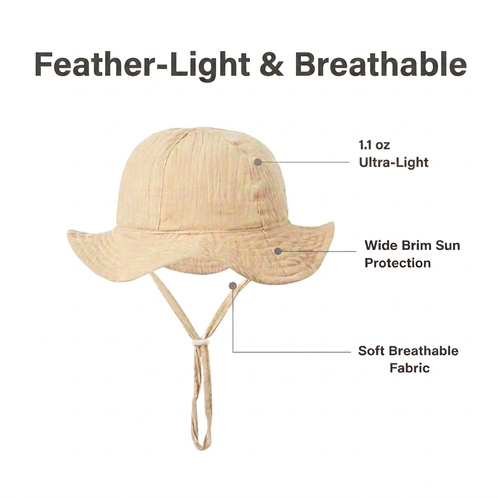 Infographic titled Feather-Light and Breathable highlighting the 1.1 oz ultra-light weight, soft breathable fabric, and wide brim sun protection of the cotton baby bucket hat.