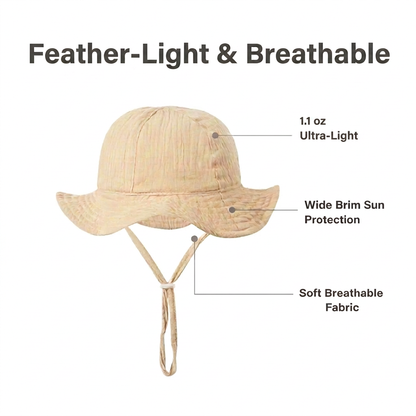 Infographic titled Feather-Light and Breathable highlighting the 1.1 oz ultra-light weight, soft breathable fabric, and wide brim sun protection of the cotton baby bucket hat.