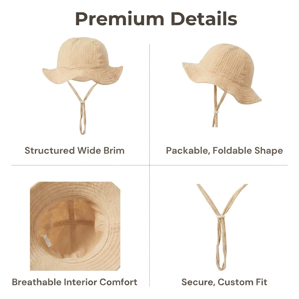 Product features diagram titled Premium Details showing multi-angle views of the structured wide brim, packable foldable shape, breathable interior comfort, and secure custom fit toggle strap.