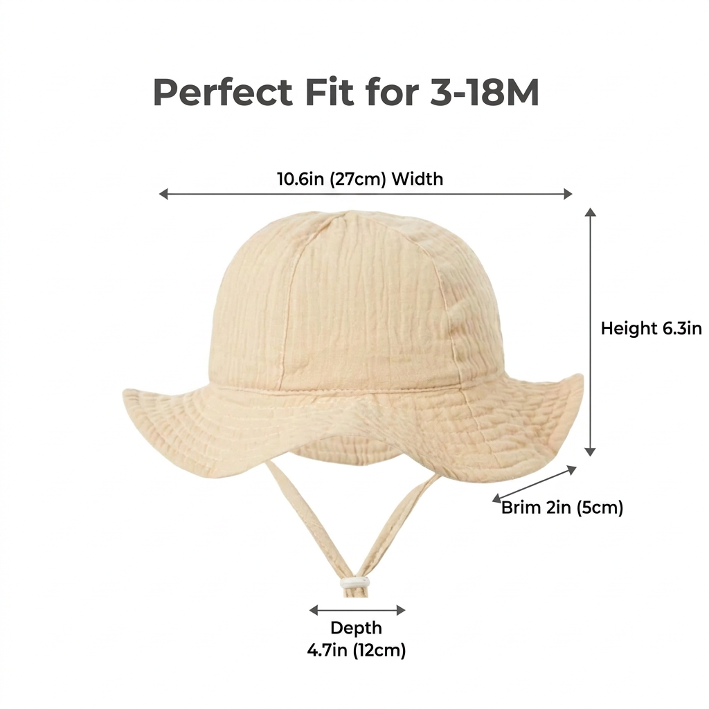 Sizing chart infographic for the 3-18M baby sun hat showing precise dimensions including a 10.6" width, 6.3" height, 4.7" depth, and 2" wide protective brim.