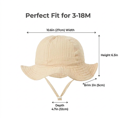 Sizing chart infographic for the 3-18M baby sun hat showing precise dimensions including a 10.6" width, 6.3" height, 4.7" depth, and 2" wide protective brim.