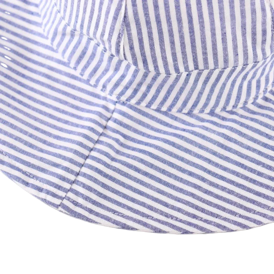 Close-up showing the high-quality stitching and breathable striped cotton fabric on the wide brim of the kidsely baby sun hat.