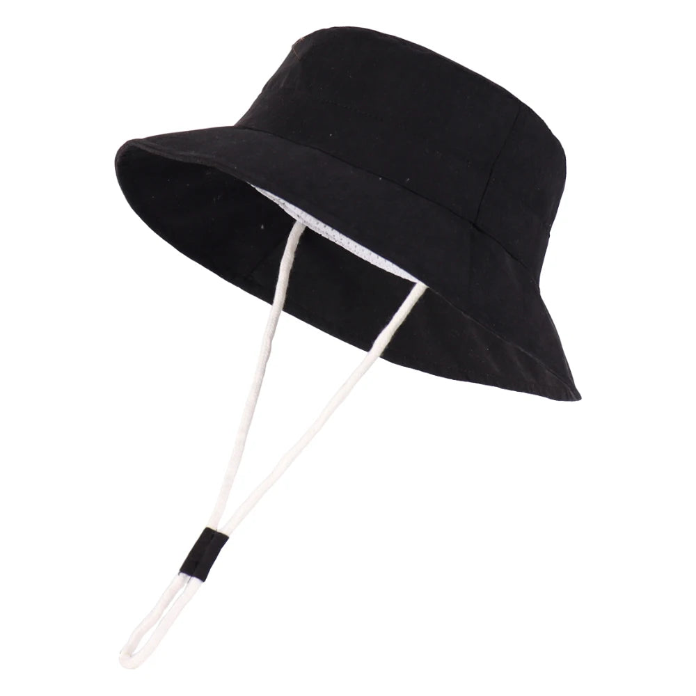 Black baby and toddler wide brim bucket sun hat with adjustable chin strap.