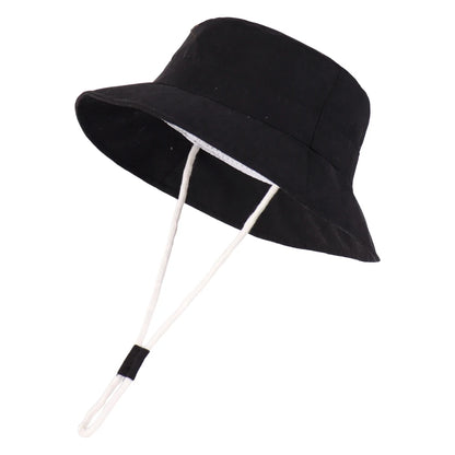 Black baby and toddler wide brim bucket sun hat with adjustable chin strap.
