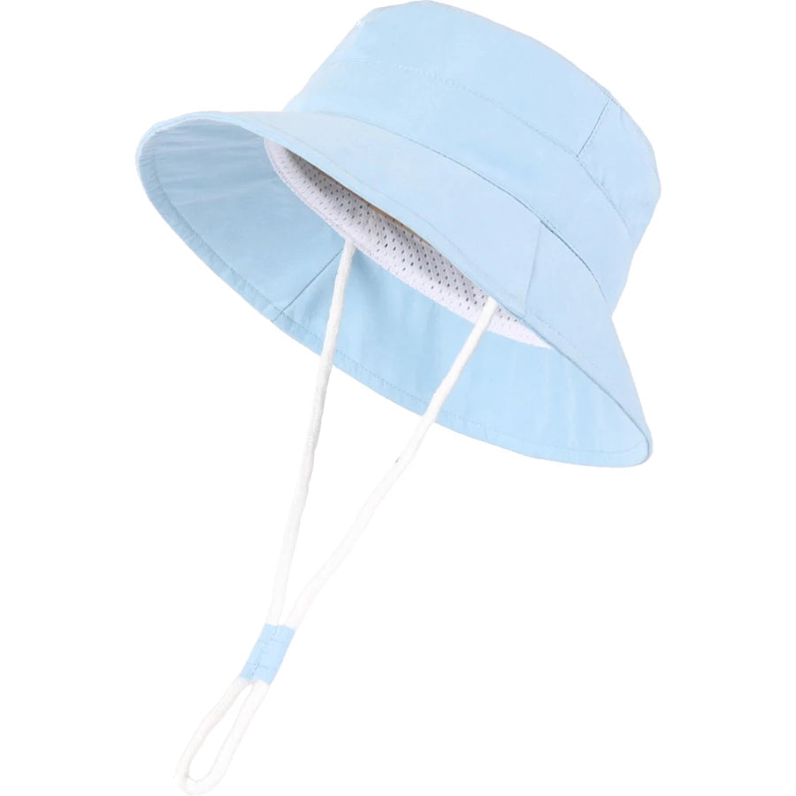 Light blue baby and toddler wide brim bucket sun hat with adjustable chin strap.