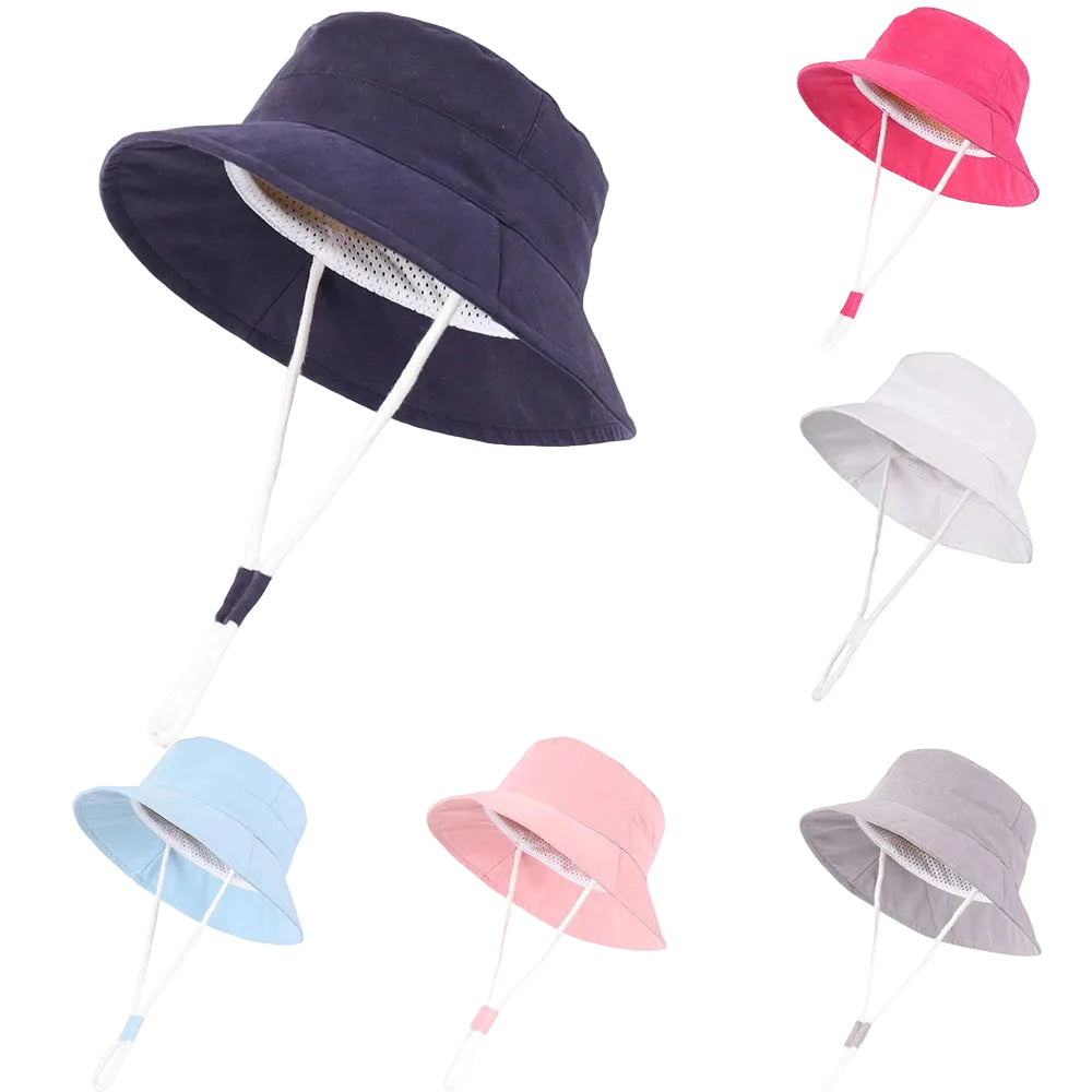 Multiple color options for the baby and toddler wide brim UV protection bucket hat including blue, pink, grey, and white.
