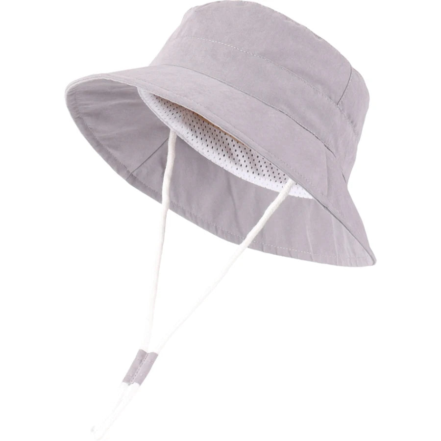 Grey baby and toddler wide brim bucket sun hat with adjustable chin strap.