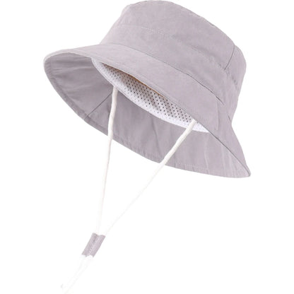 Grey baby and toddler wide brim bucket sun hat with adjustable chin strap.