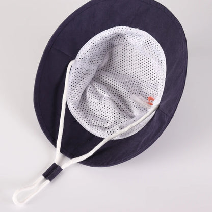 Inside view of the baby sun hat showing the white breathable cooling mesh lining and adjustable head strap.