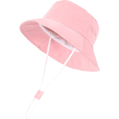 Light pink baby and toddler wide brim bucket sun hat with adjustable chin strap.
