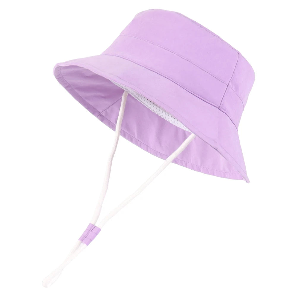 Purple baby and toddler wide brim bucket sun hat with adjustable chin strap.