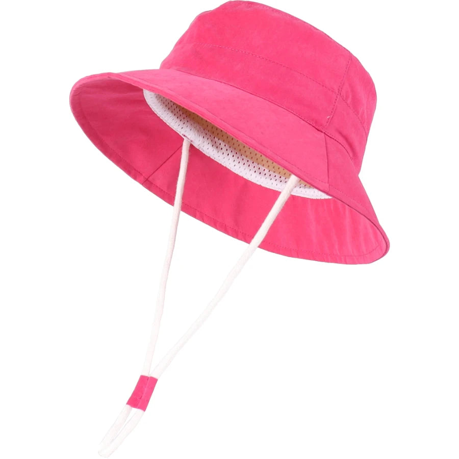 Rose pink baby and toddler wide brim bucket sun hat with adjustable chin strap.
