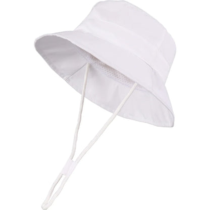 White baby and toddler wide brim bucket sun hat with adjustable chin strap.