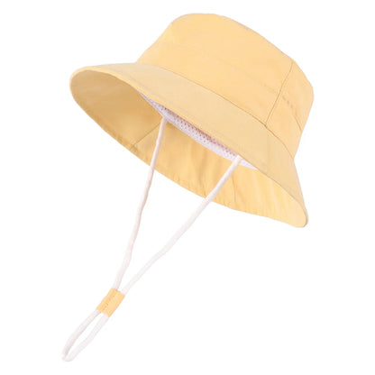 Yellow baby and toddler wide brim bucket sun hat with adjustable chin strap.