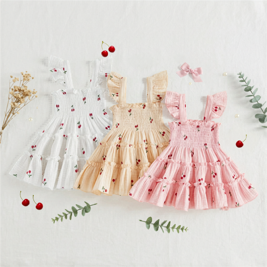 Kidsely collection of baby and toddler girl smocked cherry summer dresses in Creamy Vanilla, Soft Rose, and Bright White. Features tiered cotton-elastane fabric and flying sleeves.