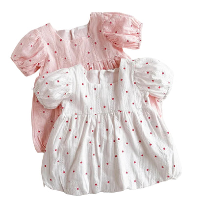 Comparison view of the baby and toddler girl floral embroidery bubble dress available in Vintage White and Petal Pink color options.