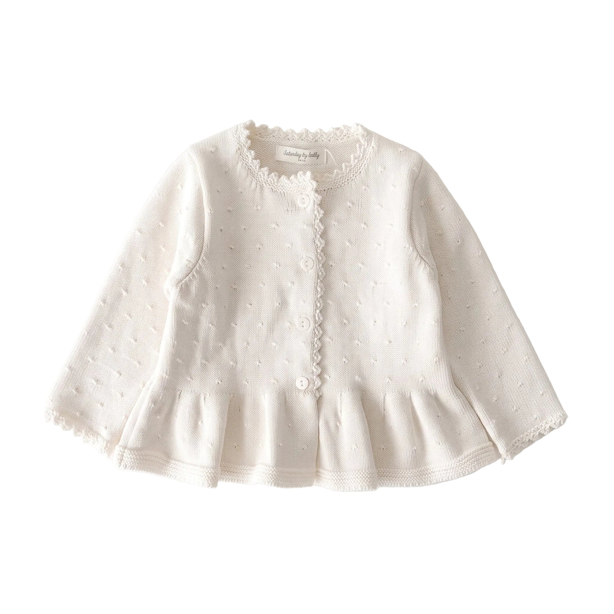 An ivory 100% cotton knit ruffle cardigan sweater for baby and toddler girls displayed flat on a white background.