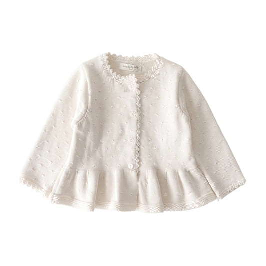 An ivory 100% cotton knit ruffle cardigan sweater for baby and toddler girls displayed flat on a white background.