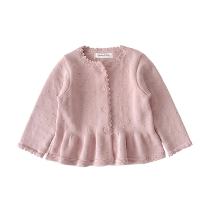 A soft pink 100% cotton knit ruffle cardigan sweater for baby and toddler girls displayed flat on a white background.