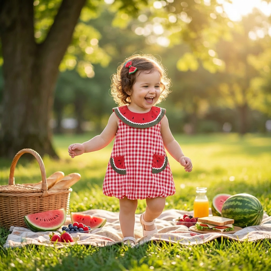 Child in a red gingham dress with watermelon pattern standing on a picnic blanket in a park.