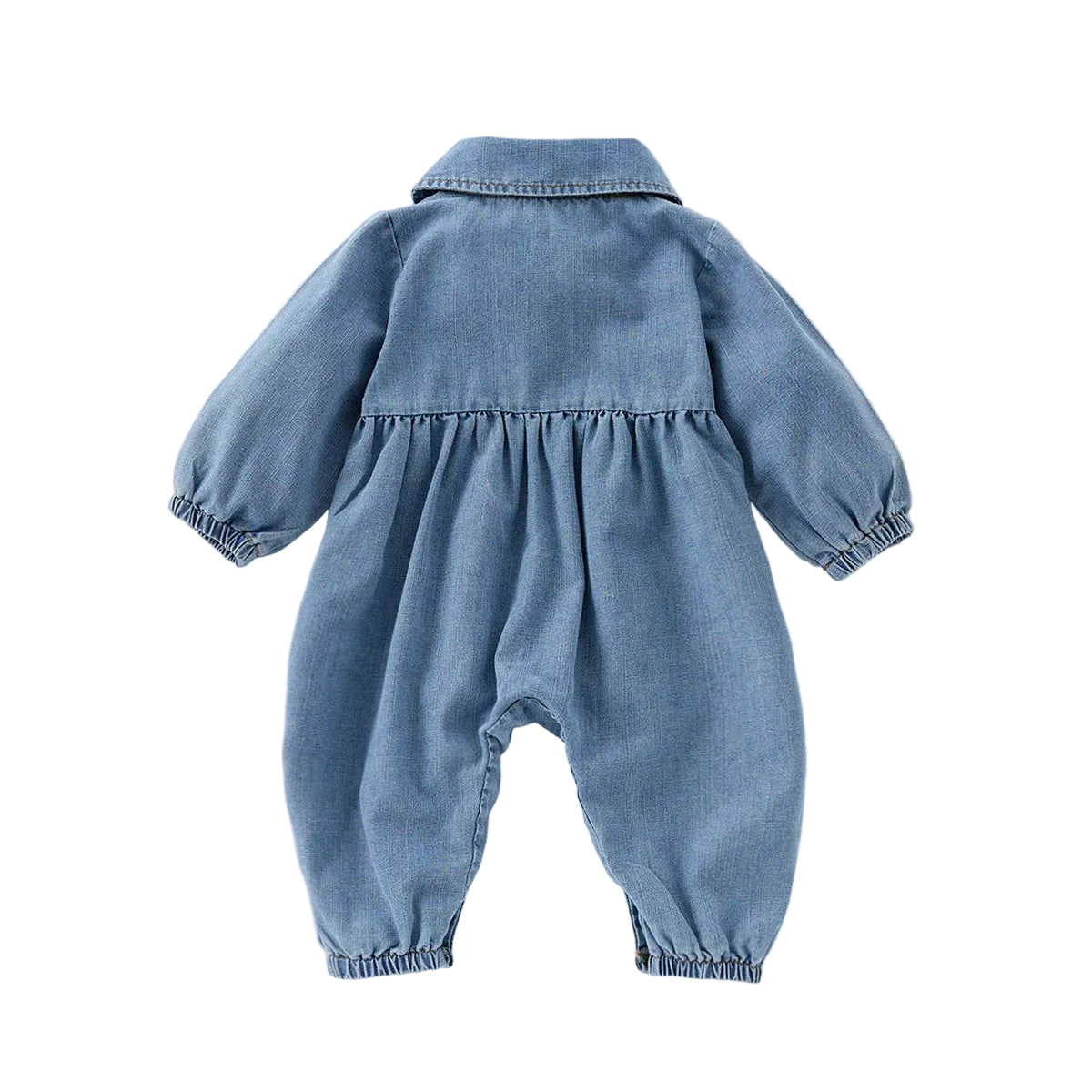 Full back view of a blue denim long-sleeve playsuit for baby and toddler girls, highlighting the gathered waistline.