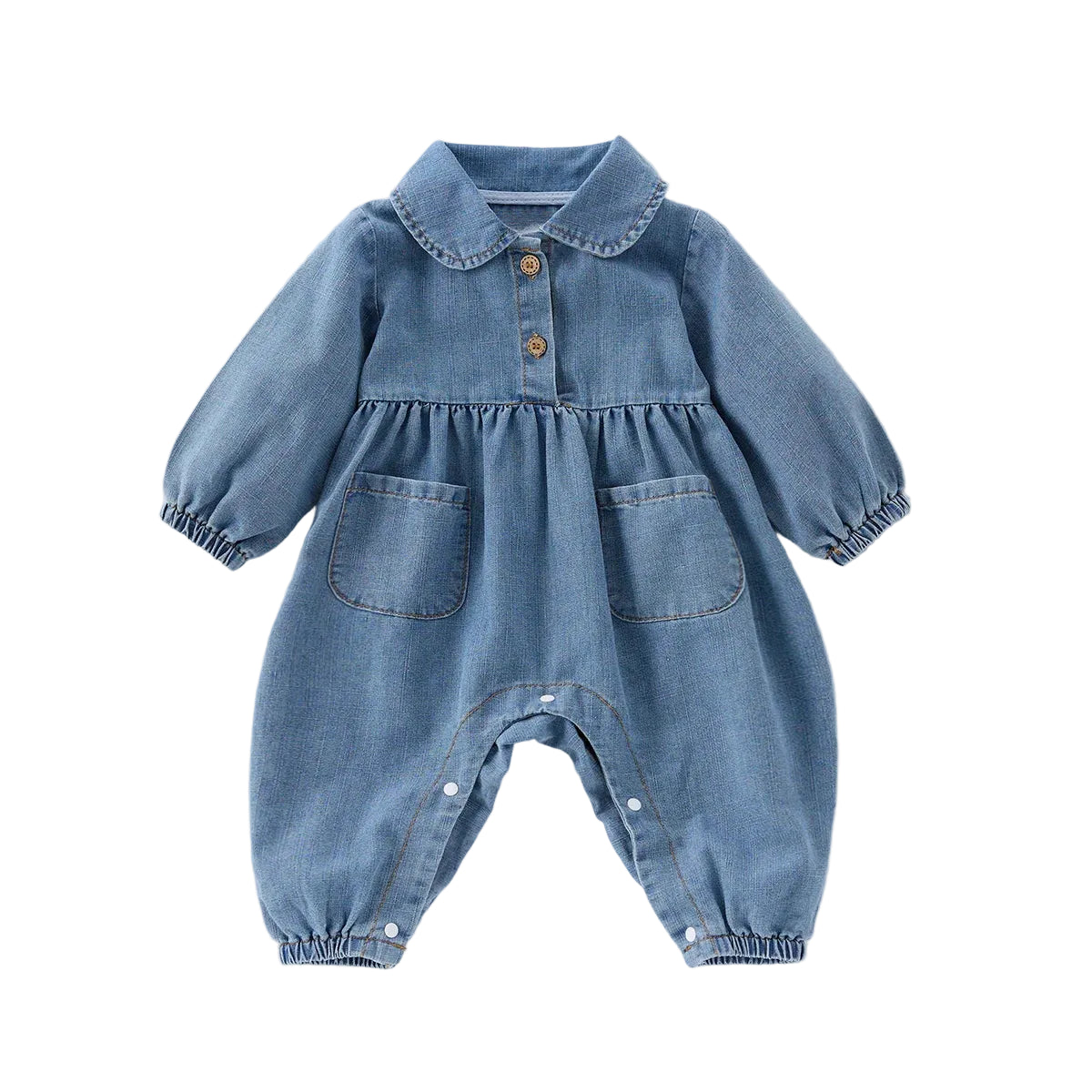 Full front view of a blue denim long-sleeve playsuit for baby and toddler girls, featuring a Peter Pan collar, front pockets, and elastic cuffs.