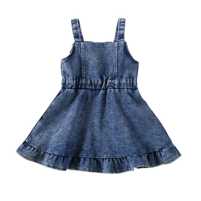 Full back view of the sleeveless blue denim overall ruffle dress for baby and toddler girls.