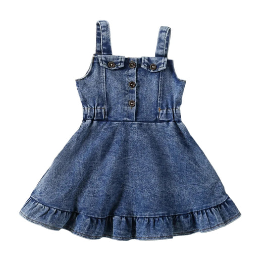 Full front view of the baby and toddler girls blue denim overall ruffle dress featuring wide straps and a button-down front.