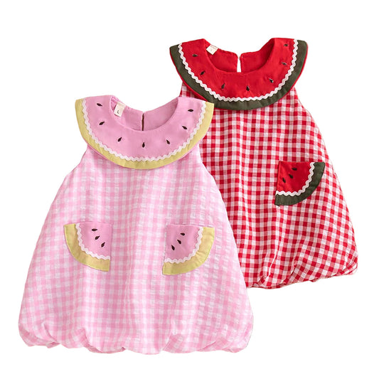 Two baby girls gingham bubble dresses in Watermelon Red and Summer Pink featuring oversized platter collars and watermelon embroidery.