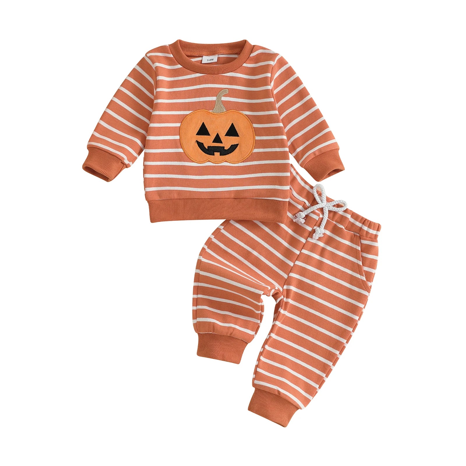 Baby and toddler unisex Halloween outfit featuring an orange and white striped long sleeve sweatshirt with pumpkin embroidery and matching jogger pants on a white background.