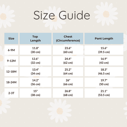 Detailed size guide chart for the baby and toddler 2-piece outfit set, showing measurements for top length, chest circumference, and pant length.