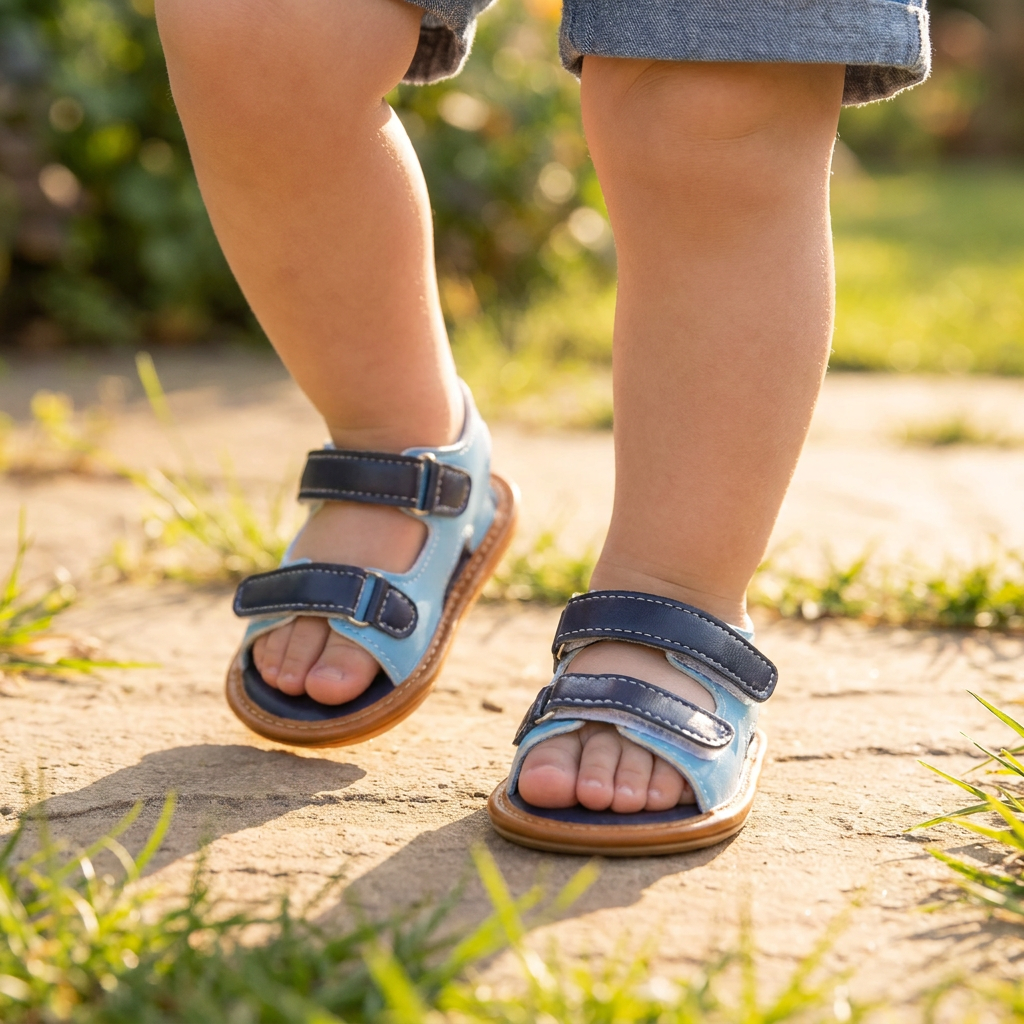 Close-up of a toddler's legs walking outside on a stone path wearing light blue and navy vegan leather summer sandals.
