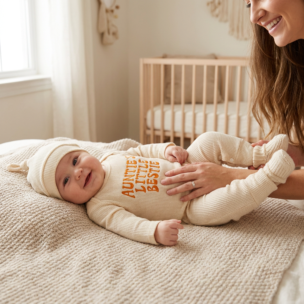 Happy baby wearing the beige "Auntie's Little Bestie" waffle knit romper and hat, lying on a blanket in a nursery with a woman smiling in the background.