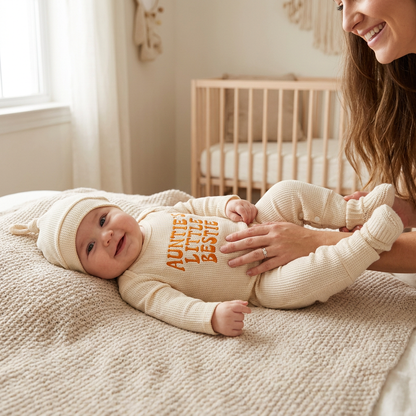 Happy baby wearing the beige "Auntie's Little Bestie" waffle knit romper and hat, lying on a blanket in a nursery with a woman smiling in the background.