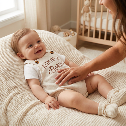 A smiling baby wearing the beige corduroy "Auntie's Bestie" bubble romper, lying comfortably on a textured blanket in a nursery setting.