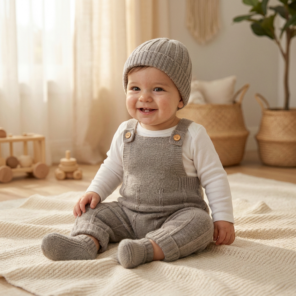 Smiling baby sitting on a blanket in a nursery, wearing the beige seamless knit overalls and matching beanie.