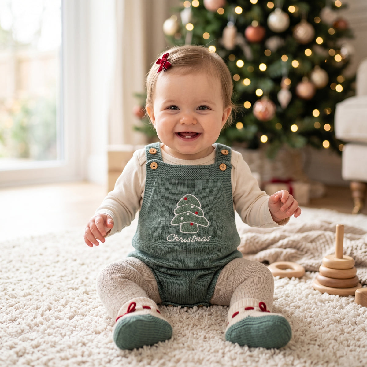 A smiling baby sitting on a cozy rug wearing the green Christmas tree knit romper over a white long-sleeve shirt, with a decorated Christmas tree in the background.