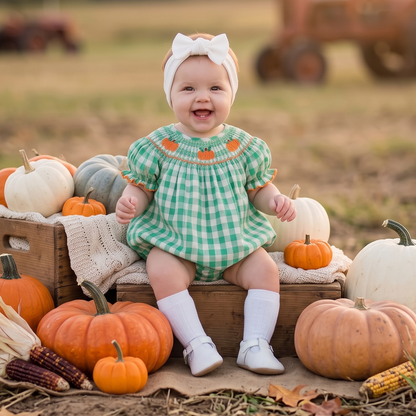 Smiling baby girl sitting outdoors at a pumpkin patch wearing a green smocked gingham pumpkin romper.